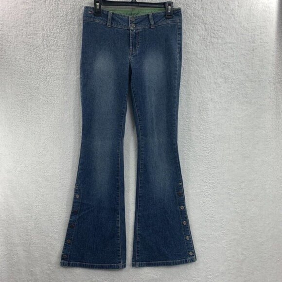 Vtg Y2K Tommy Hilfiger Flare Jeans Low Rise Blue Jr Sz 3 Button Leg Bare back - Picture 2 of 14